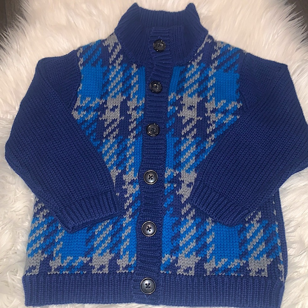 Janie and Jack Boys Plaid Chunky Knit Cardigan Sweater Size 4 Blue/Navy - Picture 2 of 7